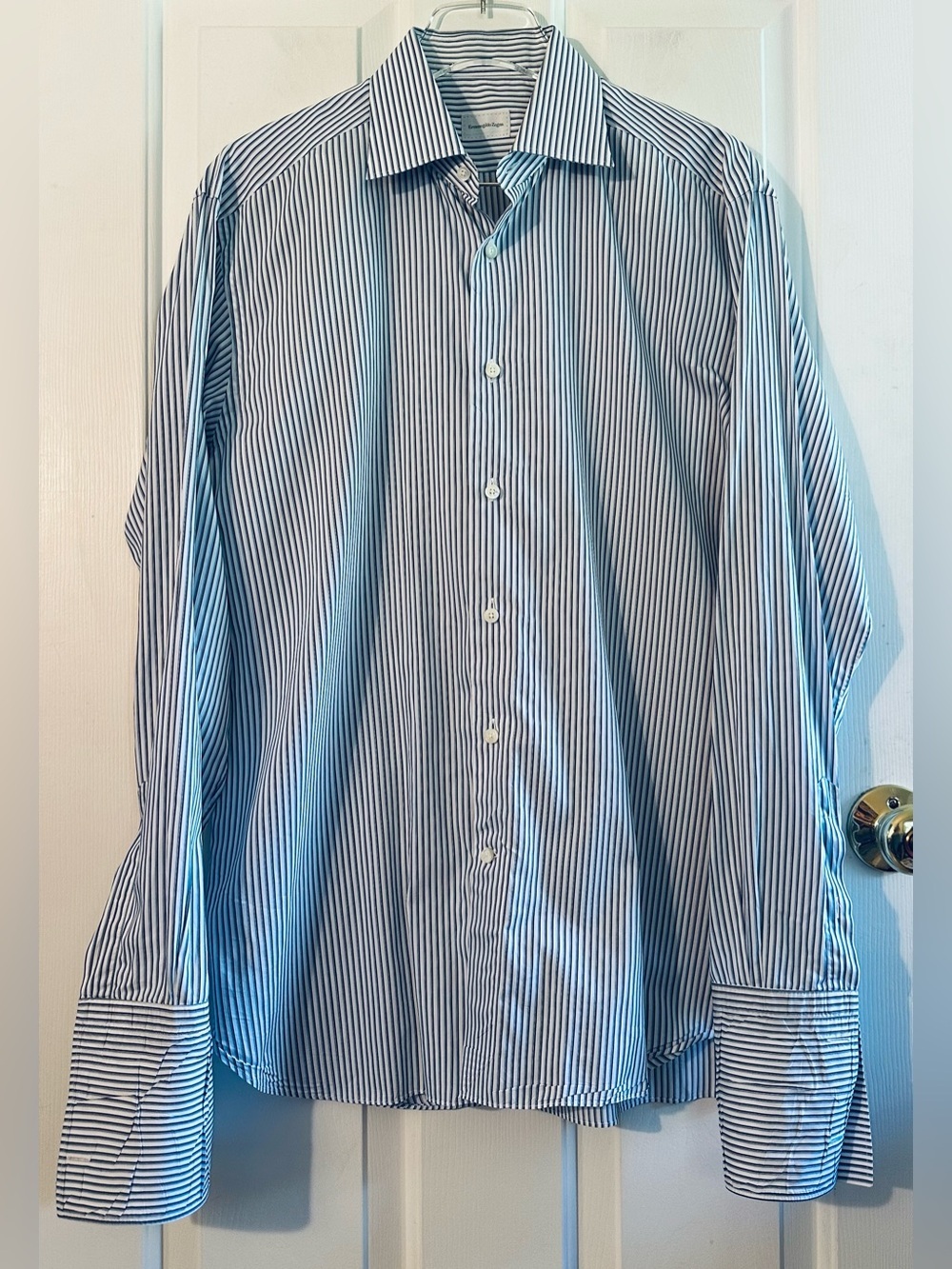 ERMENEGILDO ZEGNA Men 41/16 LUXURY Blue White Pinstripe French Cuff Dress Shirt